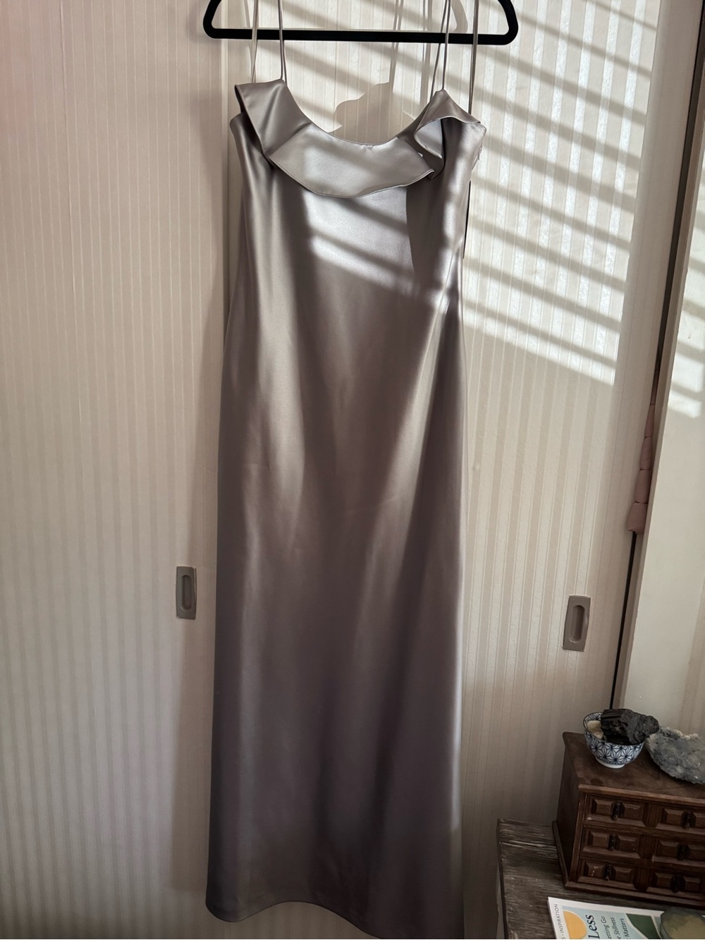 Satin Slip Dress in gun metal gray with spaghetti straps.